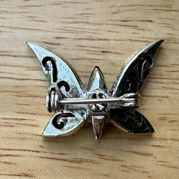Vintage 1980s Brooch Butterfly‎ Black Onyx Stone Silver Toned Filigree Pin Y2K - Picture 3 of 9